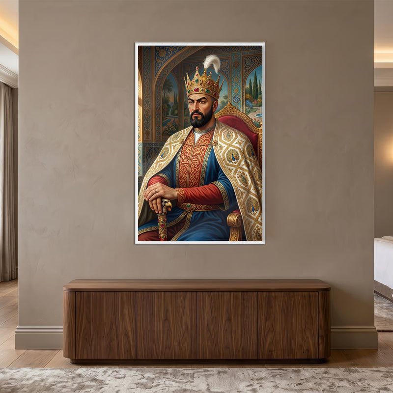 Beyaz Çerçeveli Osmanlı Sultanı Taht Portre Cam Tablo