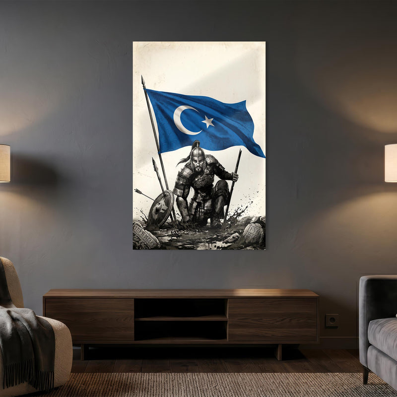 Çerçevesiz Doğu Türkistan Bayrağı Savaşçı Cam Tablo