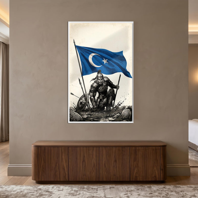 Beyaz Çerçeveli Doğu Türkistan Bayrağı Savaşçı Cam Tablo