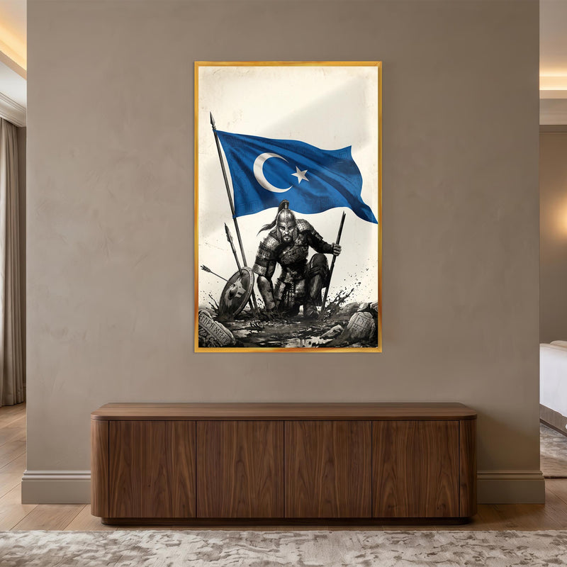 Altın Çerçeveli Doğu Türkistan Bayrağı Savaşçı Cam Tablo