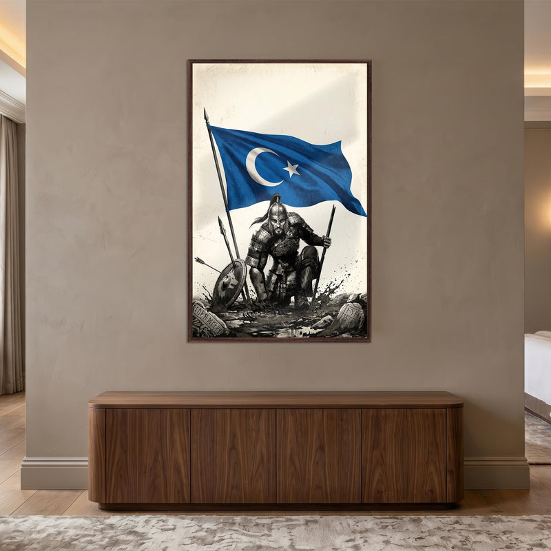 Ceviz Çerçeveli Doğu Türkistan Bayrağı Savaşçı Cam Tablo