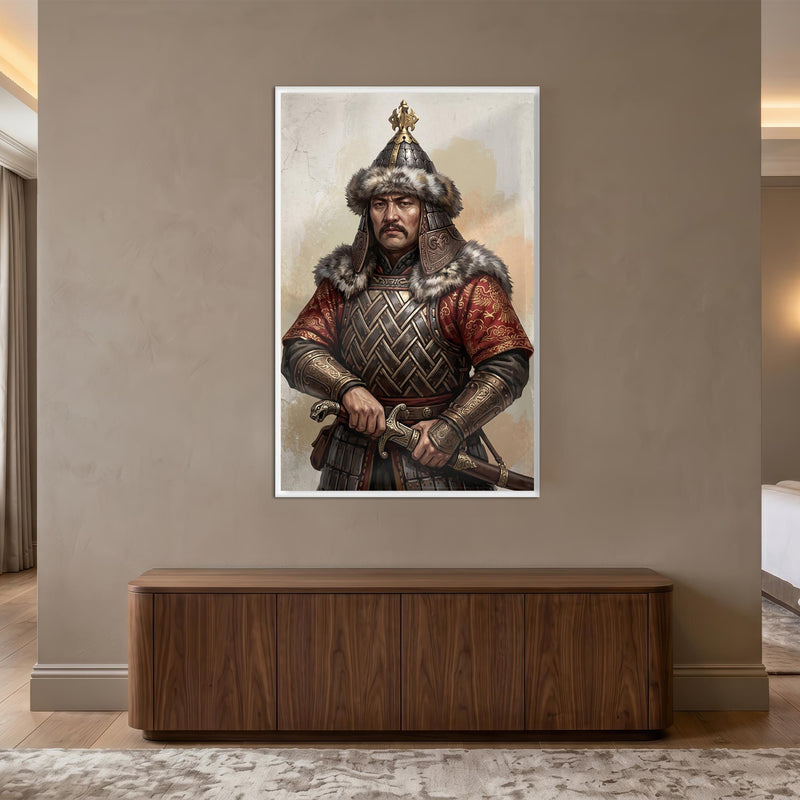 Beyaz Çerçeveli Orta Asya Türk Hanı Portre Cam Tablo