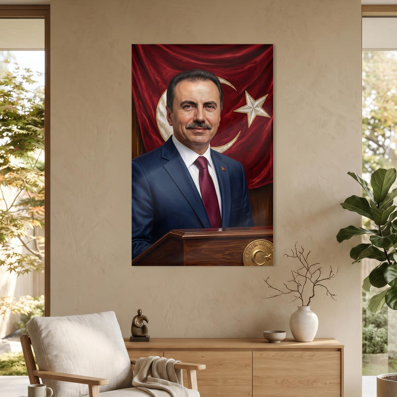 Türk Lideri Bayrak Portre Cam Tablo Ortam Görseli