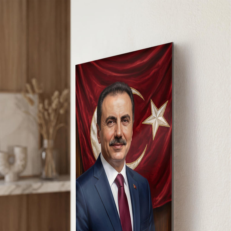 Türk Lideri Bayrak Portre Cam Tablo Ortam Görseli