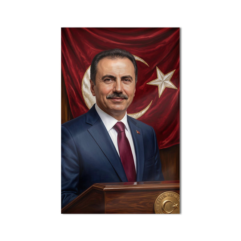 Türk Lideri Bayrak Portre Cam Tablo Ortam Görseli
