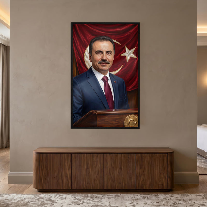 Siyah Çerçeveli Türk Lideri Bayrak Portre Cam Tablo