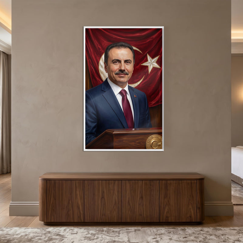 Beyaz Çerçeveli Türk Lideri Bayrak Portre Cam Tablo