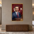 Altın Çerçeveli Türk Lideri Bayrak Portre Cam Tablo