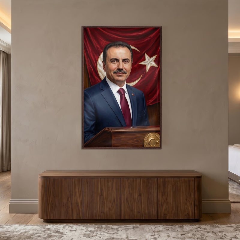 Ceviz Çerçeveli Türk Lideri Bayrak Portre Cam Tablo