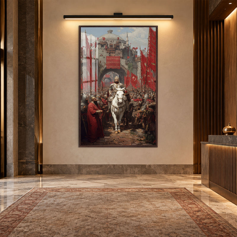 Fetih Alayı Beyaz Atlı Sultan Cam Tablo – Ceviz Çerçeveli