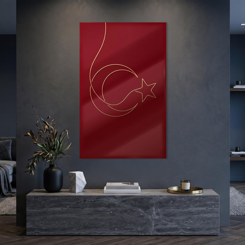Altın Çizgi Minimal Türk Bayrağı Cam Tablo – Cam Tablo