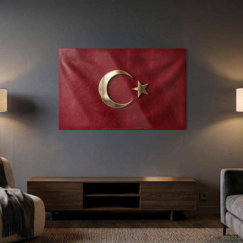 Deri Görünümlü Altın Türk Bayrağı Cam Tablo – Cam Tablo
