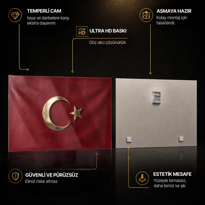 Deri Görünümlü Altın Türk Bayrağı Cam Tablo – Cam Tablo