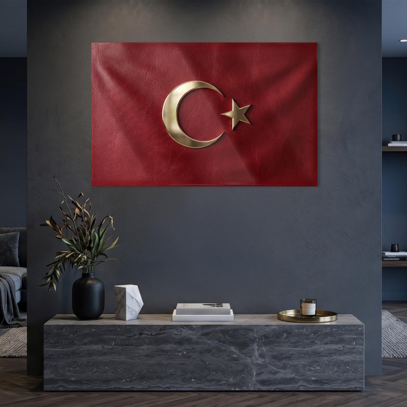 Deri Görünümlü Altın Türk Bayrağı Cam Tablo – Cam Tablo