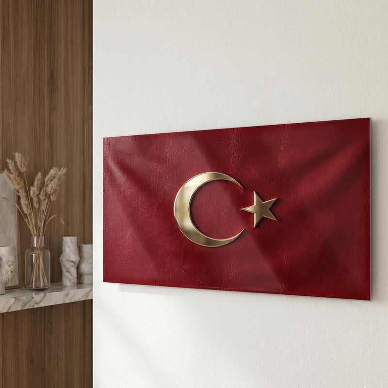 Deri Görünümlü Altın Türk Bayrağı Cam Tablo – Cam Tablo