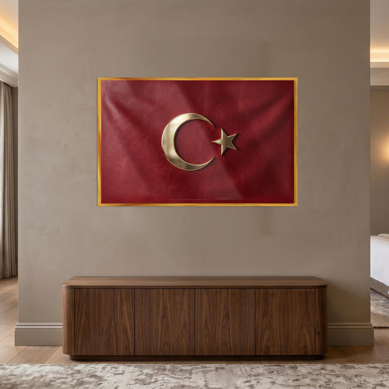 Deri Görünümlü Altın Türk Bayrağı Cam Tablo – Cam Tablo