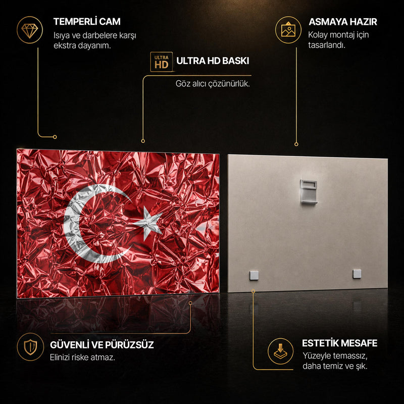 Metalik Folyo Görünümlü Türk Bayrağı Cam Tablo – Cam Tablo