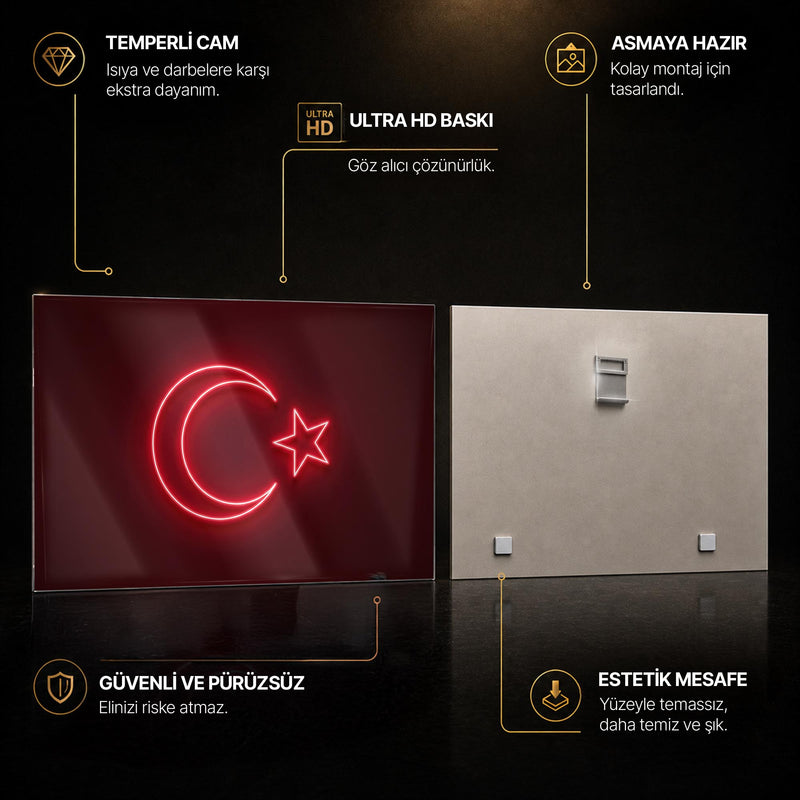 Neon İşık Türk Bayrağı Cam Tablo – Cam Tablo