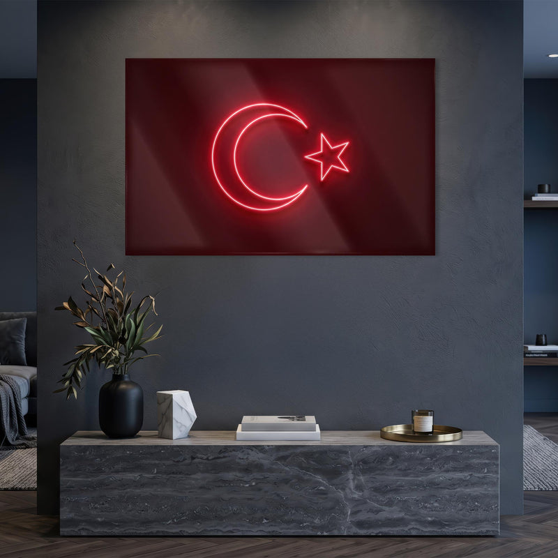 Neon İşık Türk Bayrağı Cam Tablo – Cam Tablo