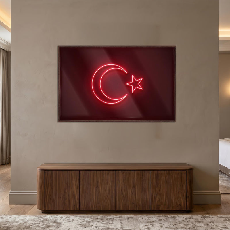 Neon İşık Türk Bayrağı Cam Tablo – Cam Tablo