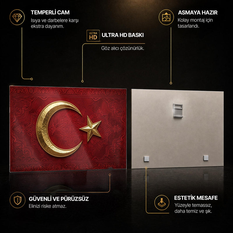 Kadife Görünümlü Altın Türk Bayrağı Cam Tablo – Cam Tablo