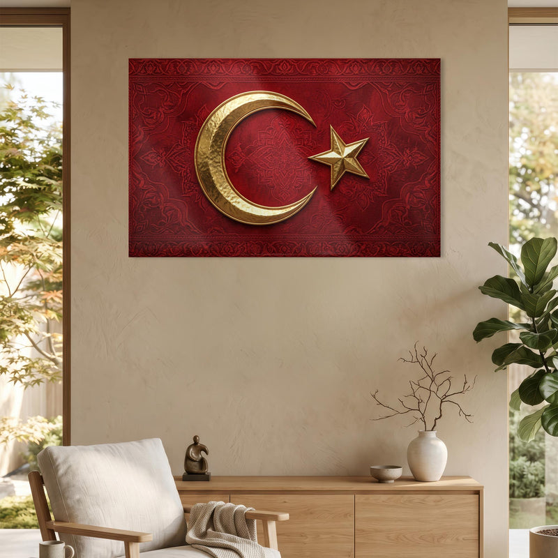 Kadife Görünümlü Altın Türk Bayrağı Cam Tablo – Cam Tablo