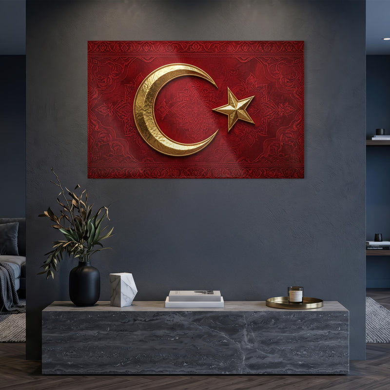 Kadife Görünümlü Altın Türk Bayrağı Cam Tablo – Cam Tablo