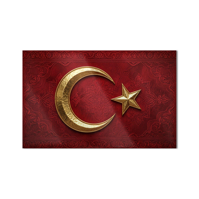 Kadife Görünümlü Altın Türk Bayrağı Cam Tablo – Cam Tablo