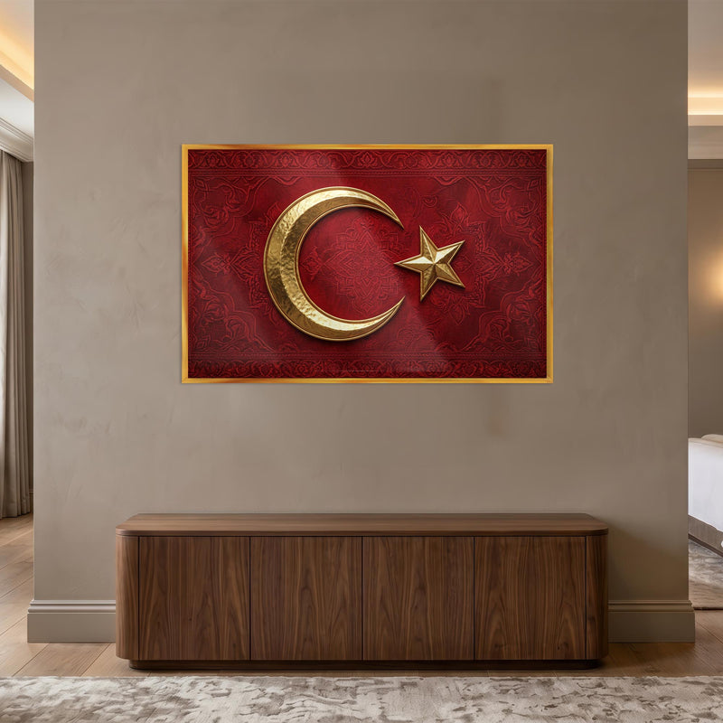 Kadife Görünümlü Altın Türk Bayrağı Cam Tablo – Cam Tablo