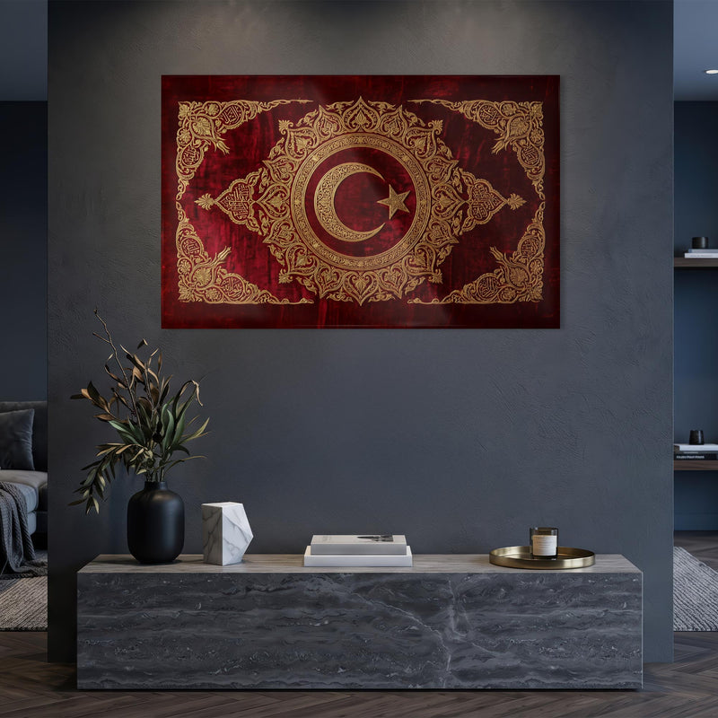 Osmanlı Altın Motif Türk Bayrağı Cam Tablo – Cam Tablo