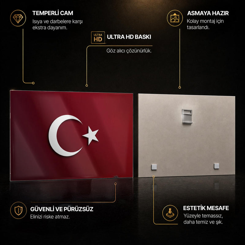 Minimal 3D Türk Bayrağı Cam Tablo – Cam Tablo