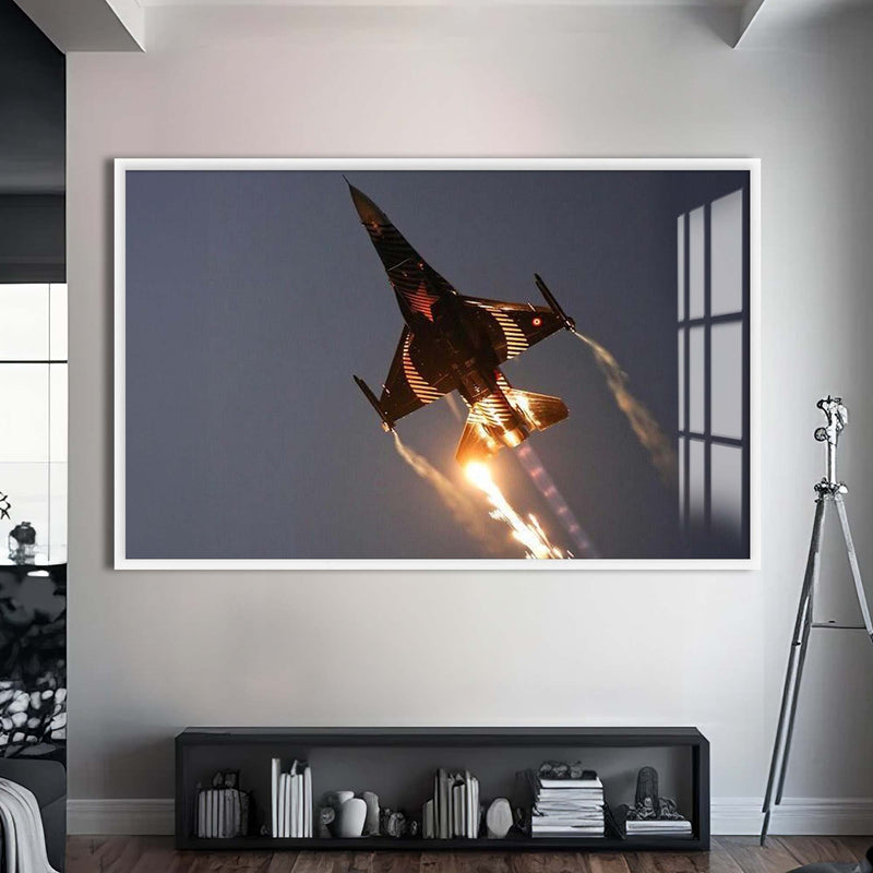 Türk F16 Uçağı Cam Tablo – Beyaz Çerçeveli Cam Tablo