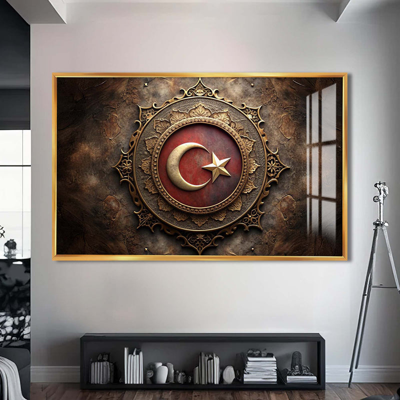 Türk Bayrağı Cam Tablo – Altın Çerçeveli Cam Tablo