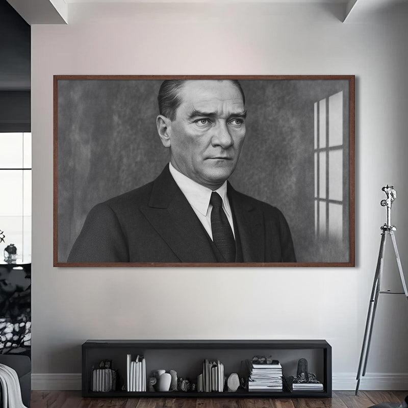 Kararlı Bakış Atatürk Cam Tablo – Ceviz Çerçeveli Cam Tablo