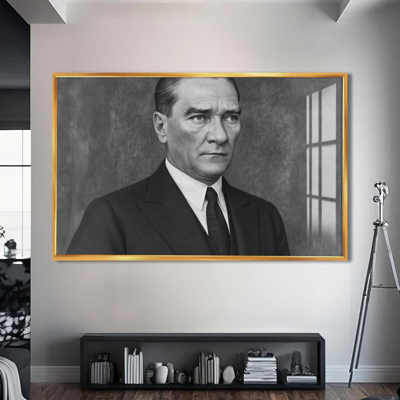 Kararlı Bakış Atatürk Cam Tablo – Altın Çerçeveli Cam Tablo