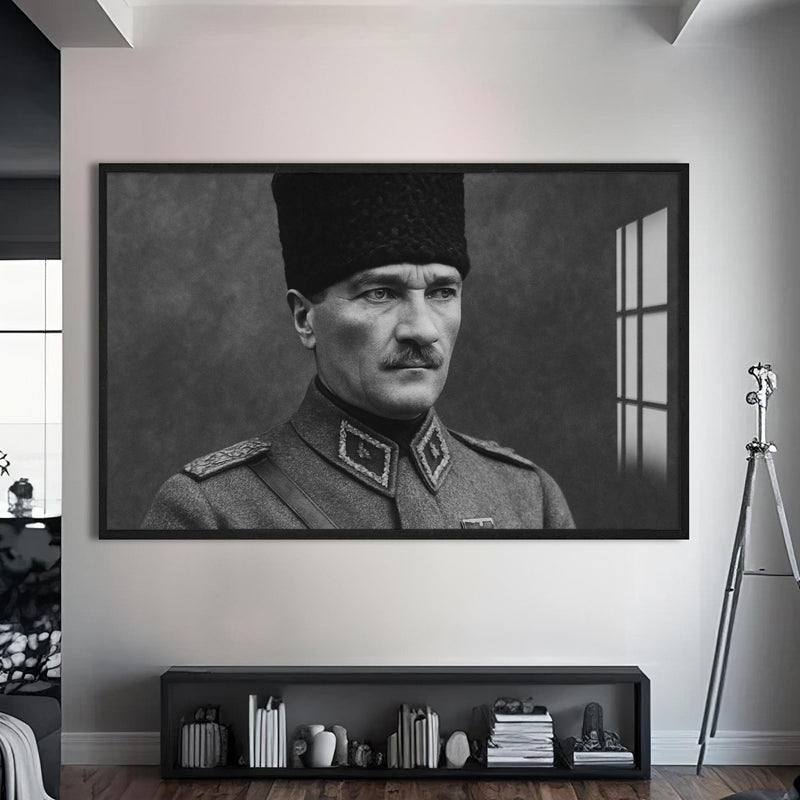 Askerî Üniformalı Atatürk Cam Tablo – Siyah Çerçeveli Cam Tablo