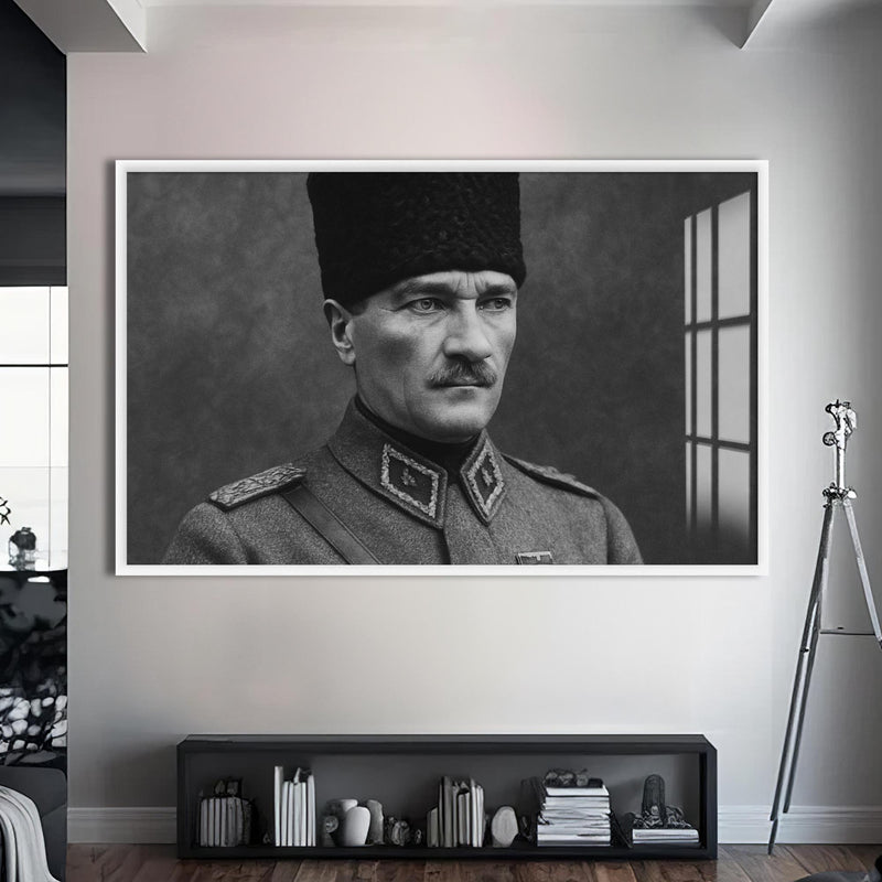 Askerî Üniformalı Atatürk Cam Tablo – Beyaz Çerçeveli Cam Tablo