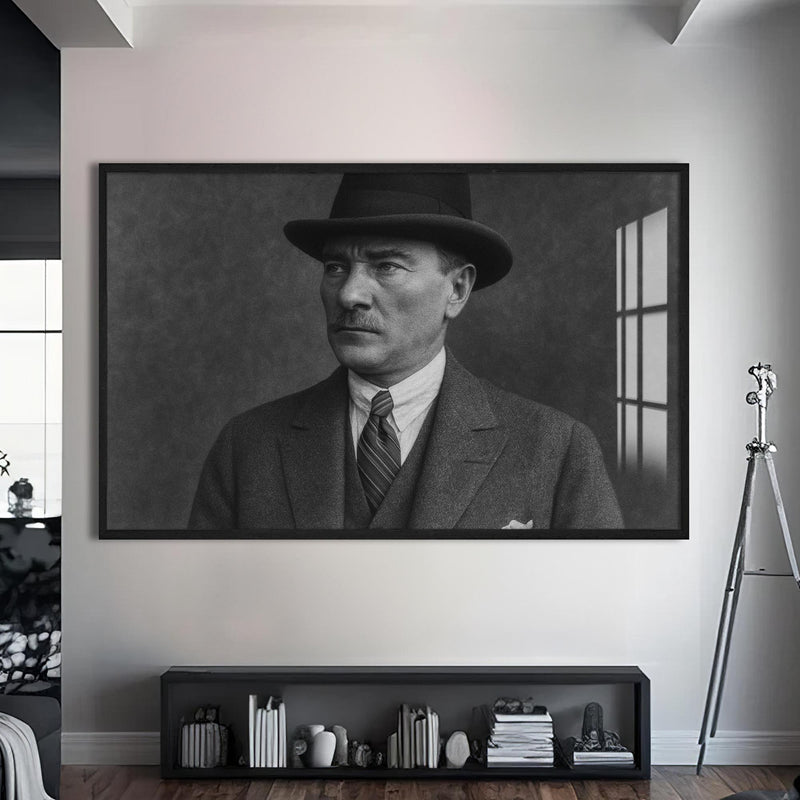 Fötr Şapkalı Atatürk Cam Tablo – Siyah Çerçeveli Cam Tablo