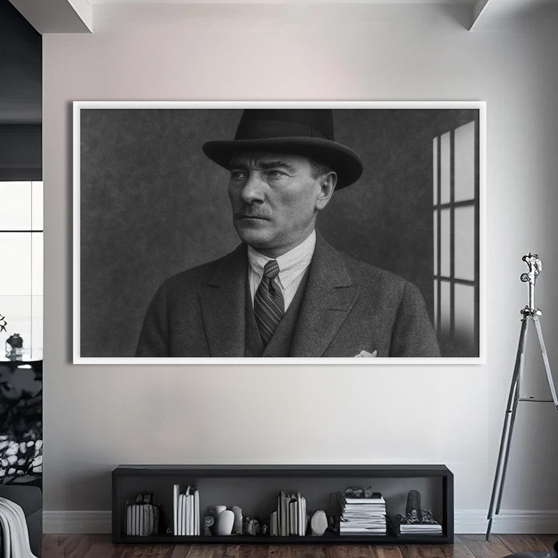 Fötr Şapkalı Atatürk Cam Tablo – Beyaz Çerçeveli Cam Tablo