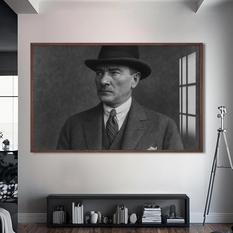Fötr Şapkalı Atatürk Cam Tablo – Ceviz Çerçeveli Cam Tablo
