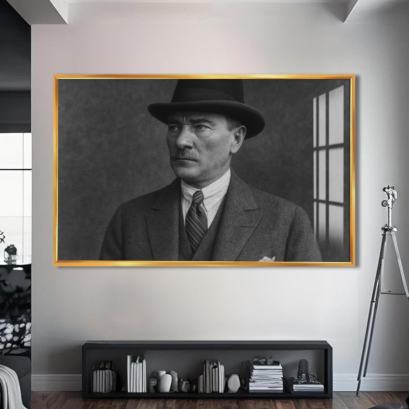 Fötr Şapkalı Atatürk Cam Tablo – Altın Çerçeveli Cam Tablo