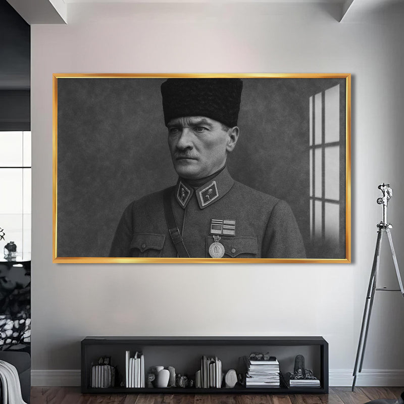 Madalyalı Atatürk Cam Tablo – Altın Çerçeveli Cam Tablo