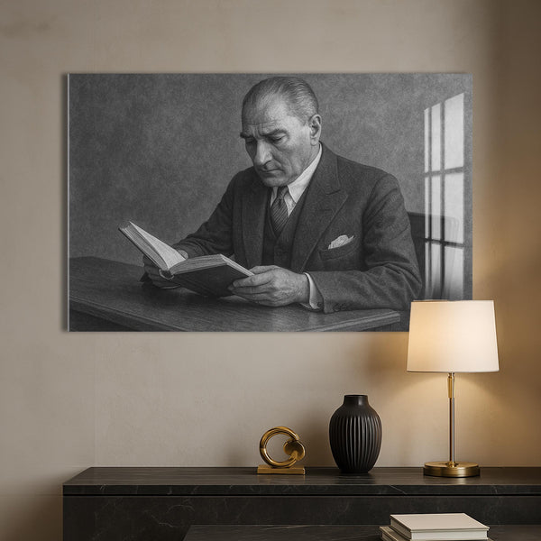 Kitap Okuyan Atatürk Cam Tablo