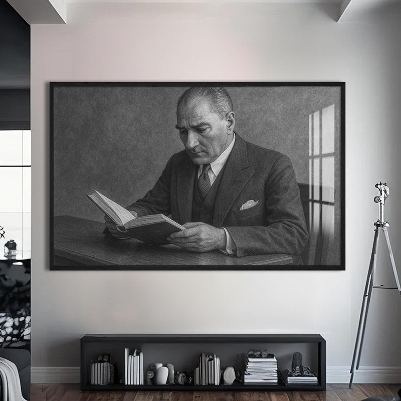 Kitap Okuyan Atatürk Cam Tablo – Siyah Çerçeveli Cam Tablo