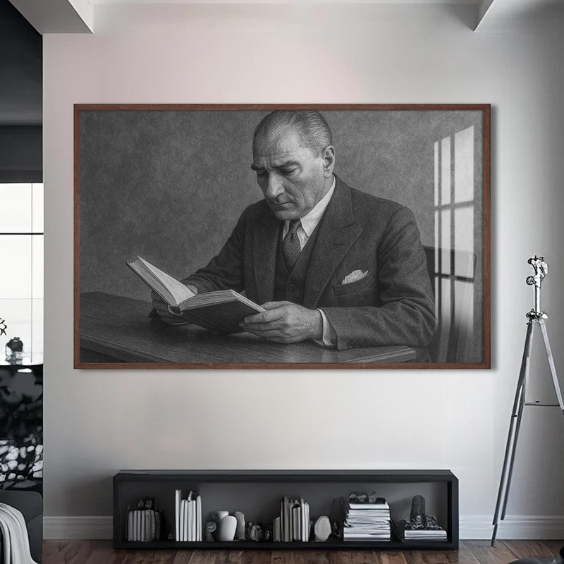 Kitap Okuyan Atatürk Cam Tablo – Ceviz Çerçeveli Cam Tablo