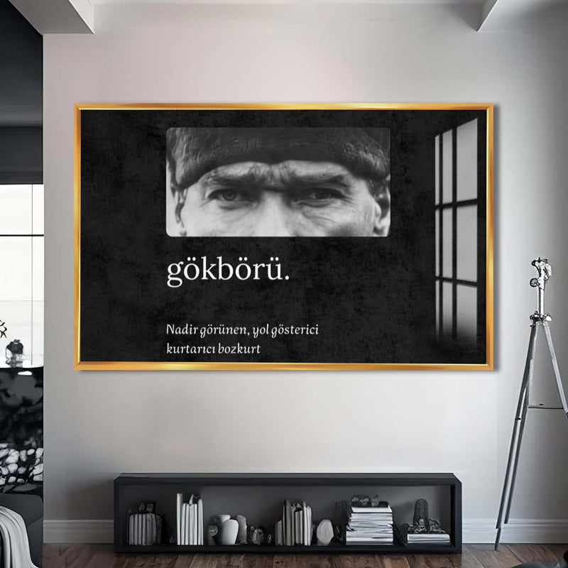 Gökbörü Atatürk Cam Tablo – Altın Çerçeveli Cam Tablo