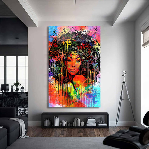 Renkli Afro Kadın Portresi Cam Tablo