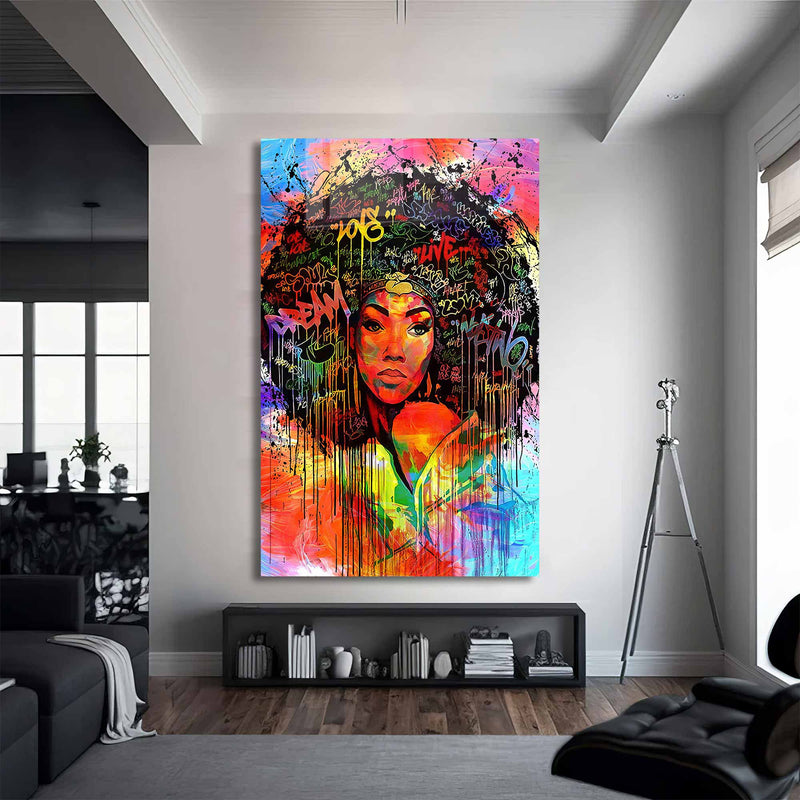 Renkli Afro Kadın Portresi Cam Tablo