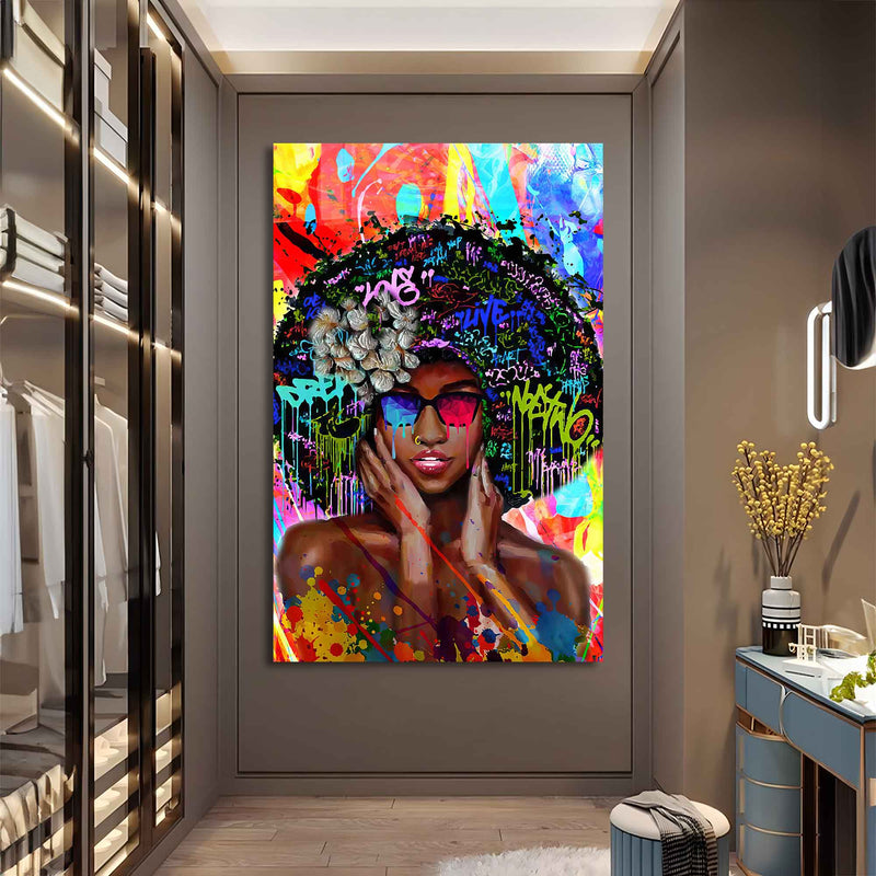 Renkli Afro Kadın Portresi Cam Tablo