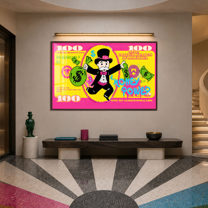 Para Adam 100 Dolar Pop Art Cam Tablo – Ceviz Çerçeveli Cam Tablo